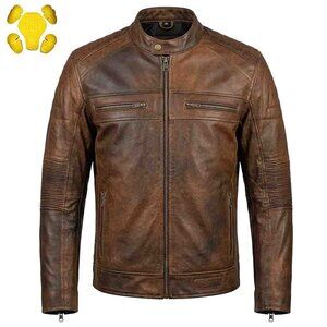 RIDERACT® Men’s Brown Leather Motorcycle Jacket  Winter Biker Jacket